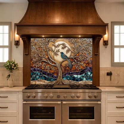 Tempered Glass Kitchen Backsplash Panel, Stained Glass Tree Bird Art, Stove Guard Wall Decor