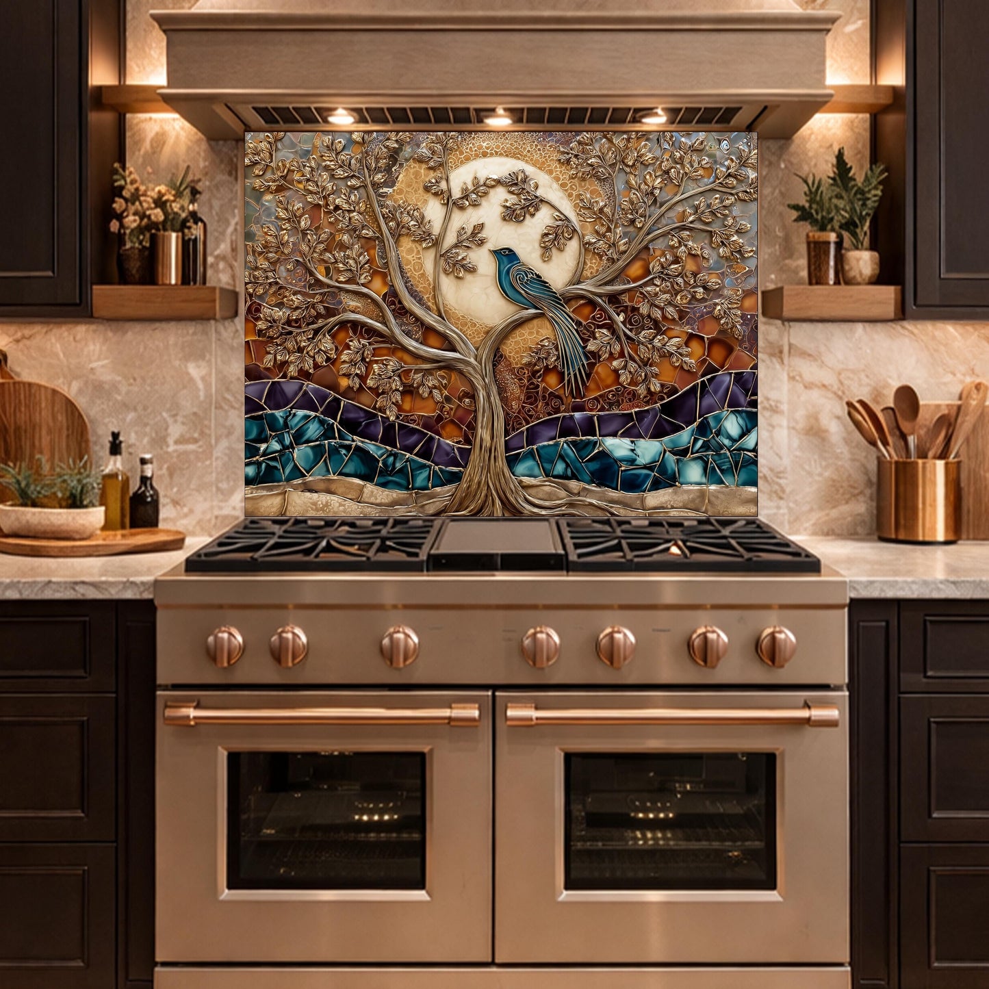 Tempered Glass Kitchen Backsplash Panel, Stained Glass Tree Bird Art, Stove Guard Wall Decor