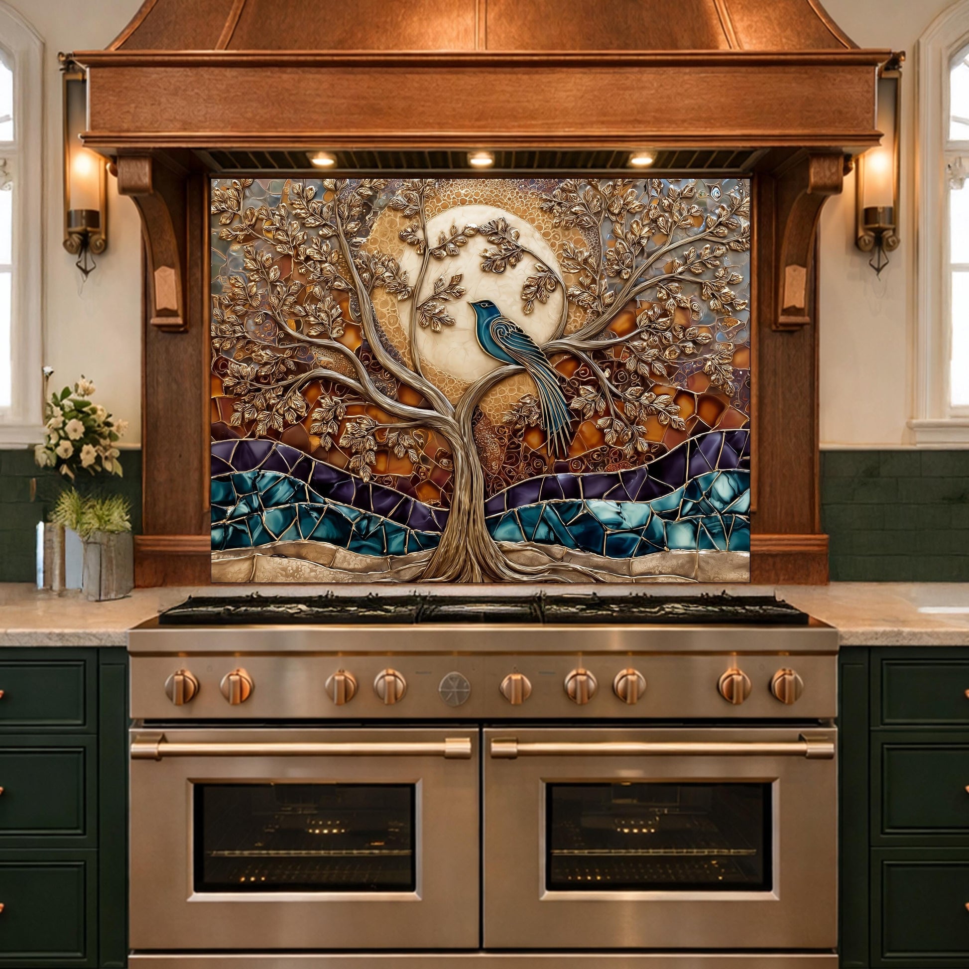 Tempered Glass Kitchen Backsplash Panel, Stained Glass Tree Bird Art, Stove Guard Wall Decor