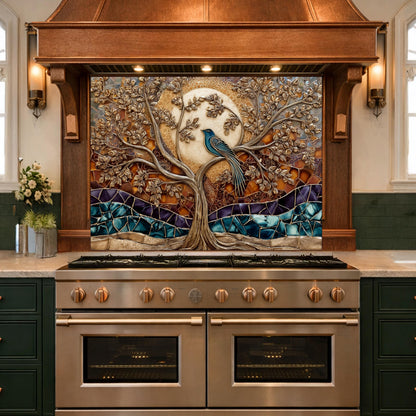 Tempered Glass Kitchen Backsplash Panel, Stained Glass Tree Bird Art, Stove Guard Wall Decor