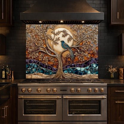 Tempered Glass Kitchen Backsplash Panel, Stained Glass Tree Bird Art, Stove Guard Wall Decor