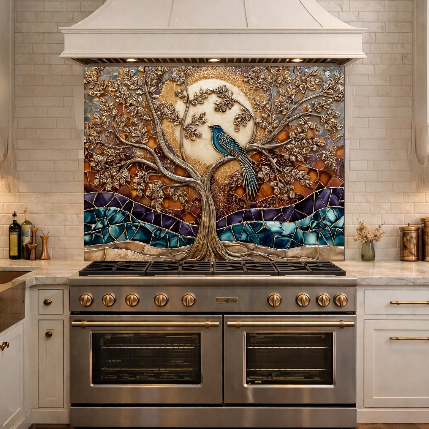 Tempered Glass Kitchen Backsplash Panel, Stained Glass Tree Bird Art, Stove Guard Wall Decor
