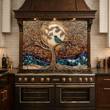 Tempered Glass Kitchen Backsplash Panel, Stained Glass Tree Bird Art, Stove Guard Wall Decor