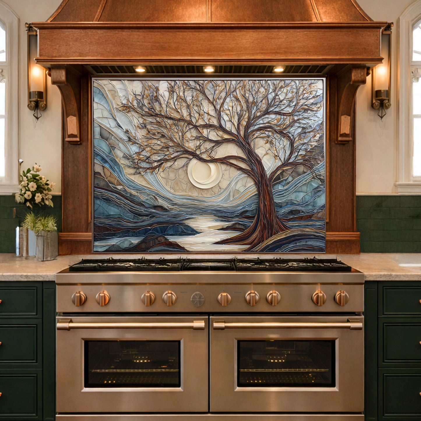 Tempered Glass Tree Landscape Kitchen Backsplash Panel, Glass Mosaic Nature Art Moon Wall Decor