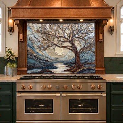 Tempered Glass Tree Landscape Kitchen Backsplash Panel, Glass Mosaic Nature Art Moon Wall Decor