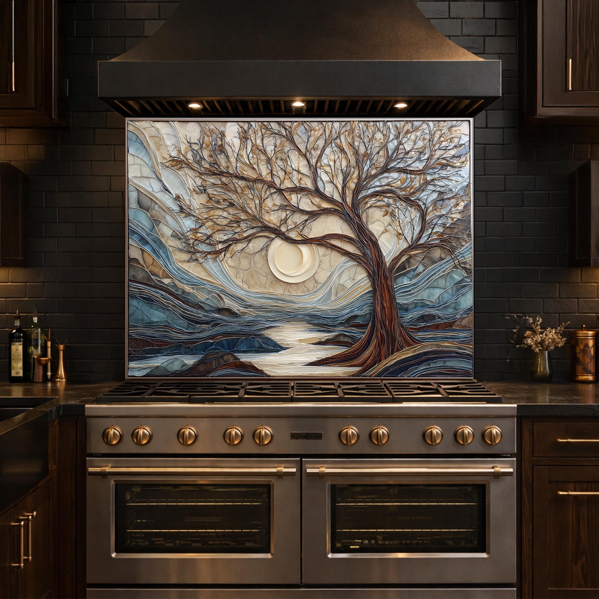 Tempered Glass Tree Landscape Kitchen Backsplash Panel, Glass Mosaic Nature Art Moon Wall Decor