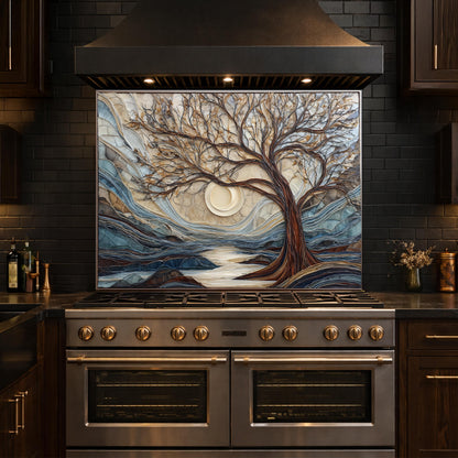 Tempered Glass Tree Landscape Kitchen Backsplash Panel, Glass Mosaic Nature Art Moon Wall Decor