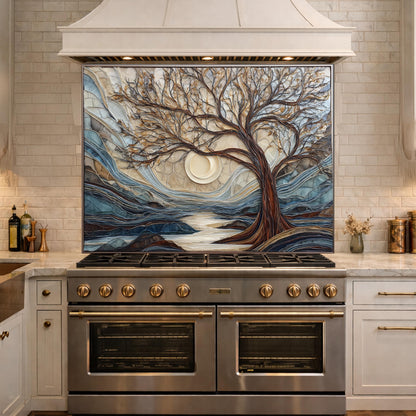 Tempered Glass Tree Landscape Kitchen Backsplash Panel, Glass Mosaic Nature Art Moon Wall Decor