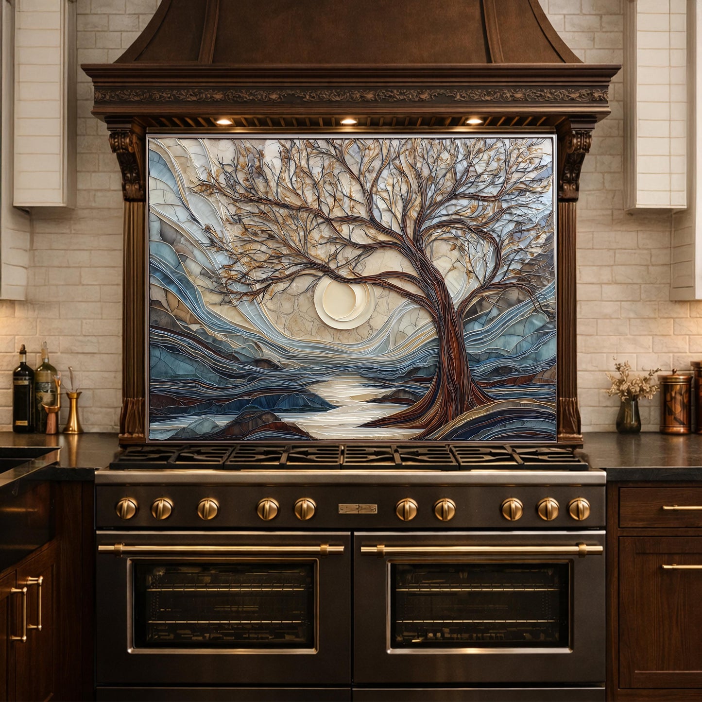 Tempered Glass Tree Landscape Kitchen Backsplash Panel, Glass Mosaic Nature Art Moon Wall Decor