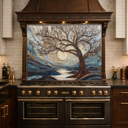 Tempered Glass Tree Landscape Kitchen Backsplash Panel, Glass Mosaic Nature Art Moon Wall Decor