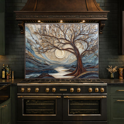 Tempered Glass Tree Landscape Kitchen Backsplash Panel, Glass Mosaic Nature Art Moon Wall Decor