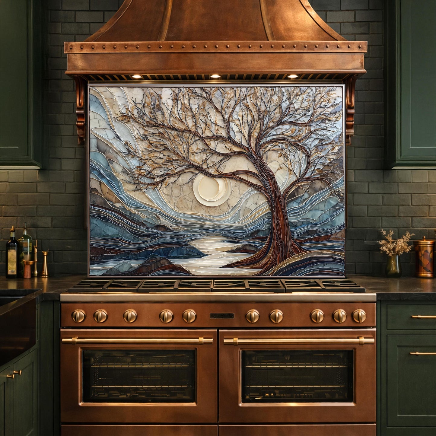 Tempered Glass Tree Landscape Kitchen Backsplash Panel, Glass Mosaic Nature Art Moon Wall Decor