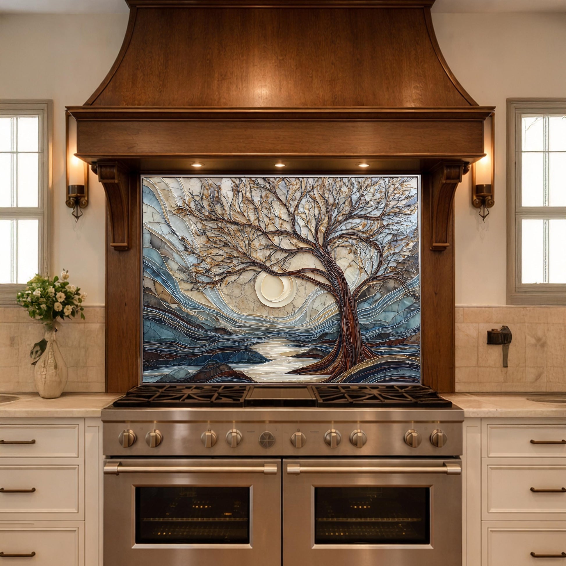 Tempered Glass Tree Landscape Kitchen Backsplash Panel, Glass Mosaic Nature Art Moon Wall Decor