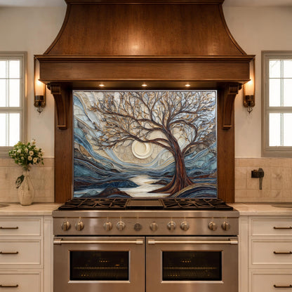Tempered Glass Tree Landscape Kitchen Backsplash Panel, Glass Mosaic Nature Art Moon Wall Decor