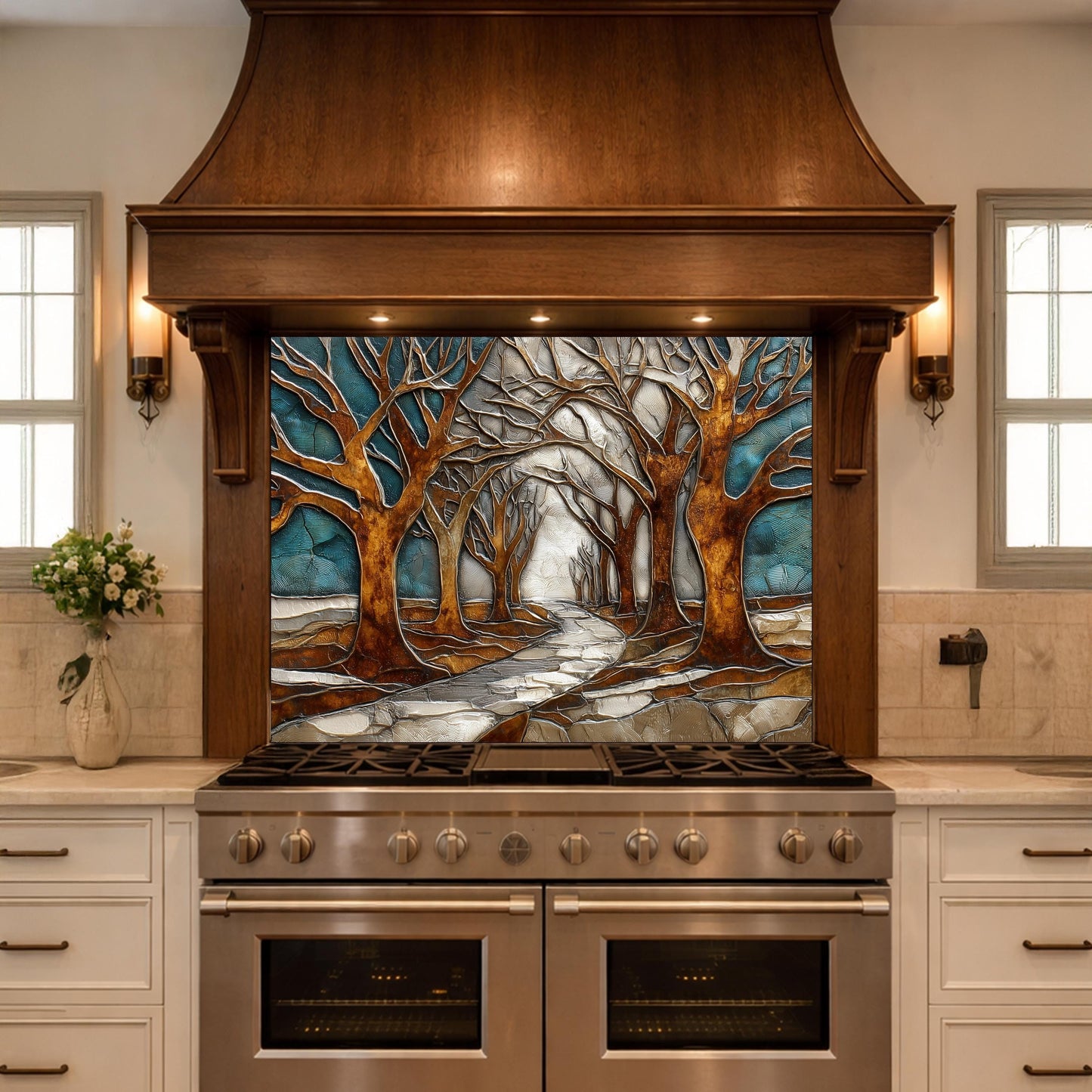 Tempered Glass Kitchen Backsplash, Forest Path Tree Landscape Art Stove Guard
