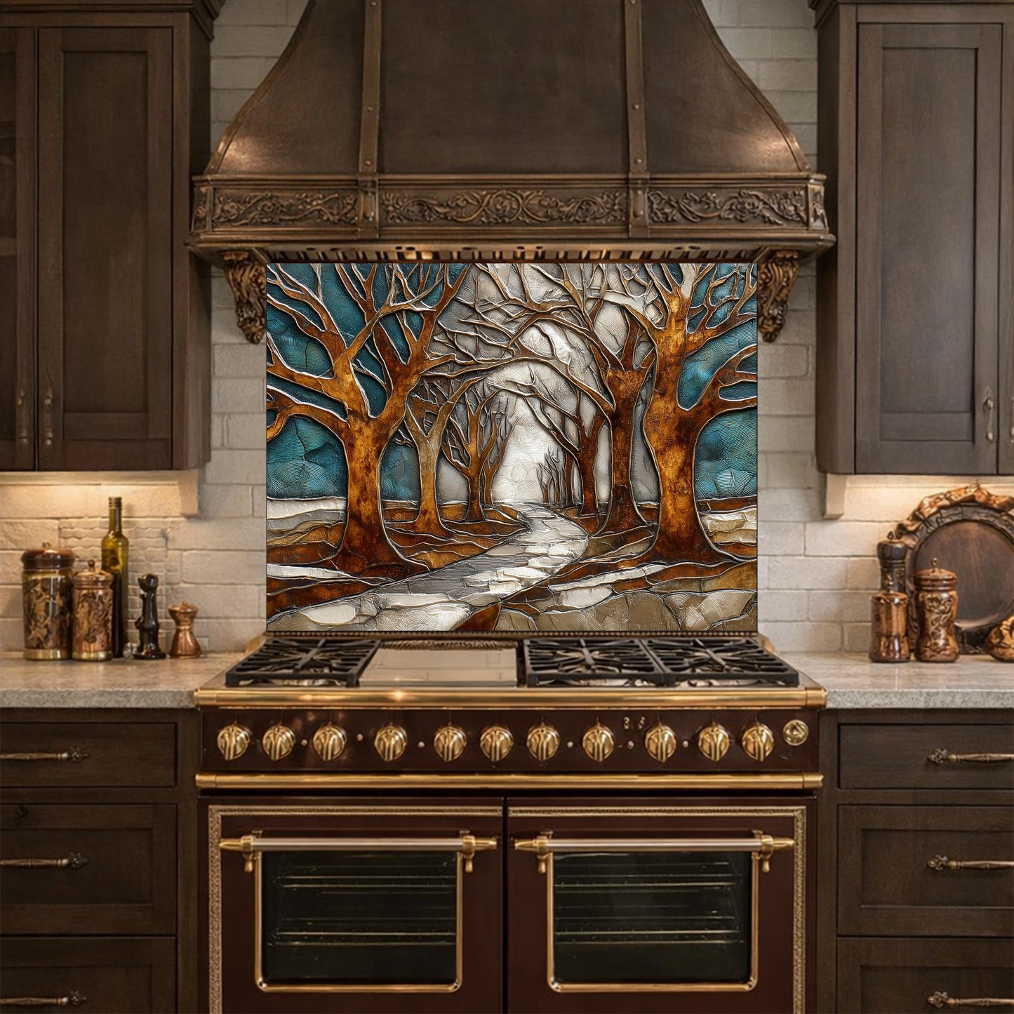 Tempered Glass Kitchen Backsplash, Forest Path Tree Landscape Art Stove Guard