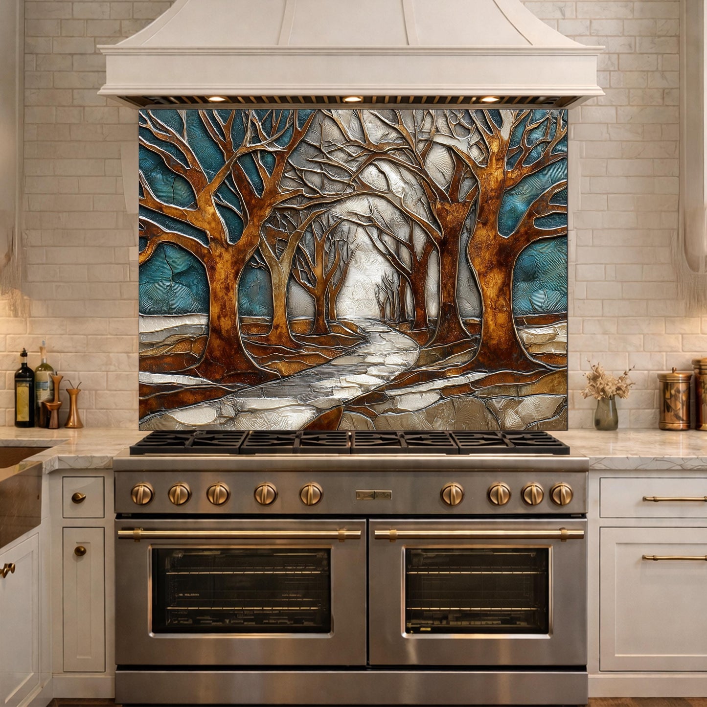 Tempered Glass Kitchen Backsplash, Forest Path Tree Landscape Art Stove Guard