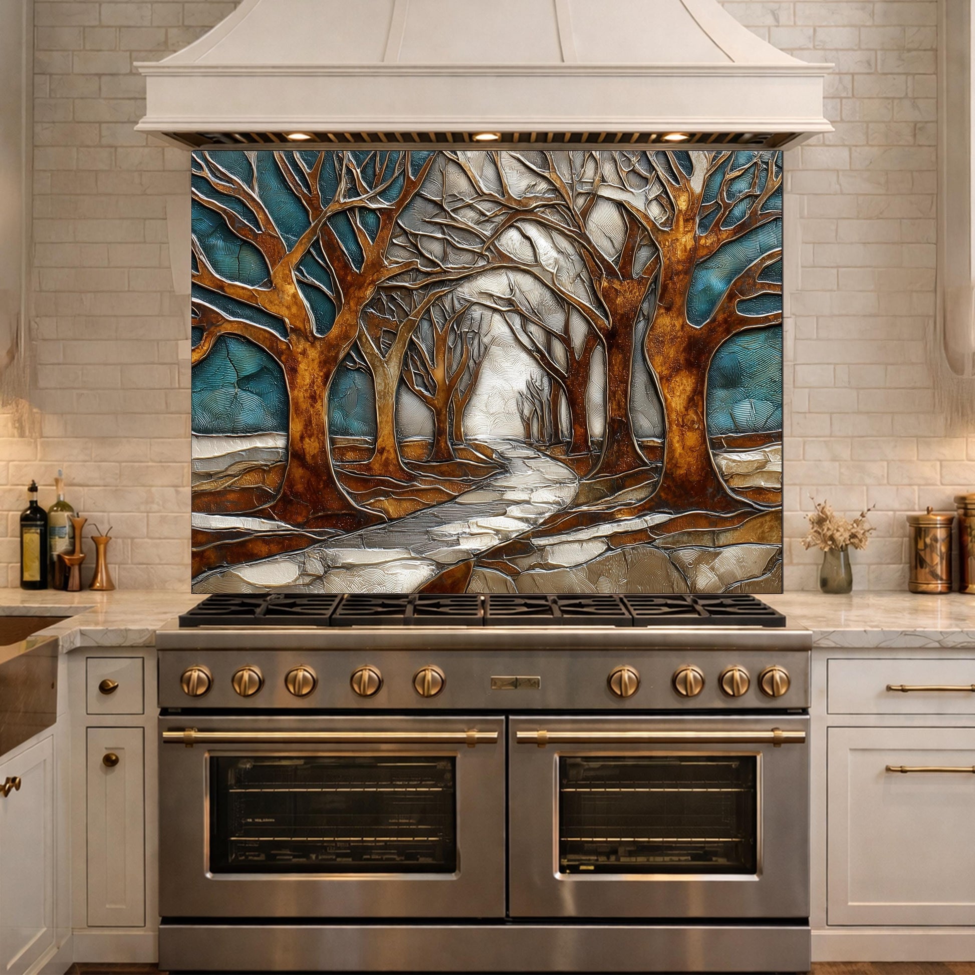 Tempered Glass Kitchen Backsplash, Forest Path Tree Landscape Art Stove Guard