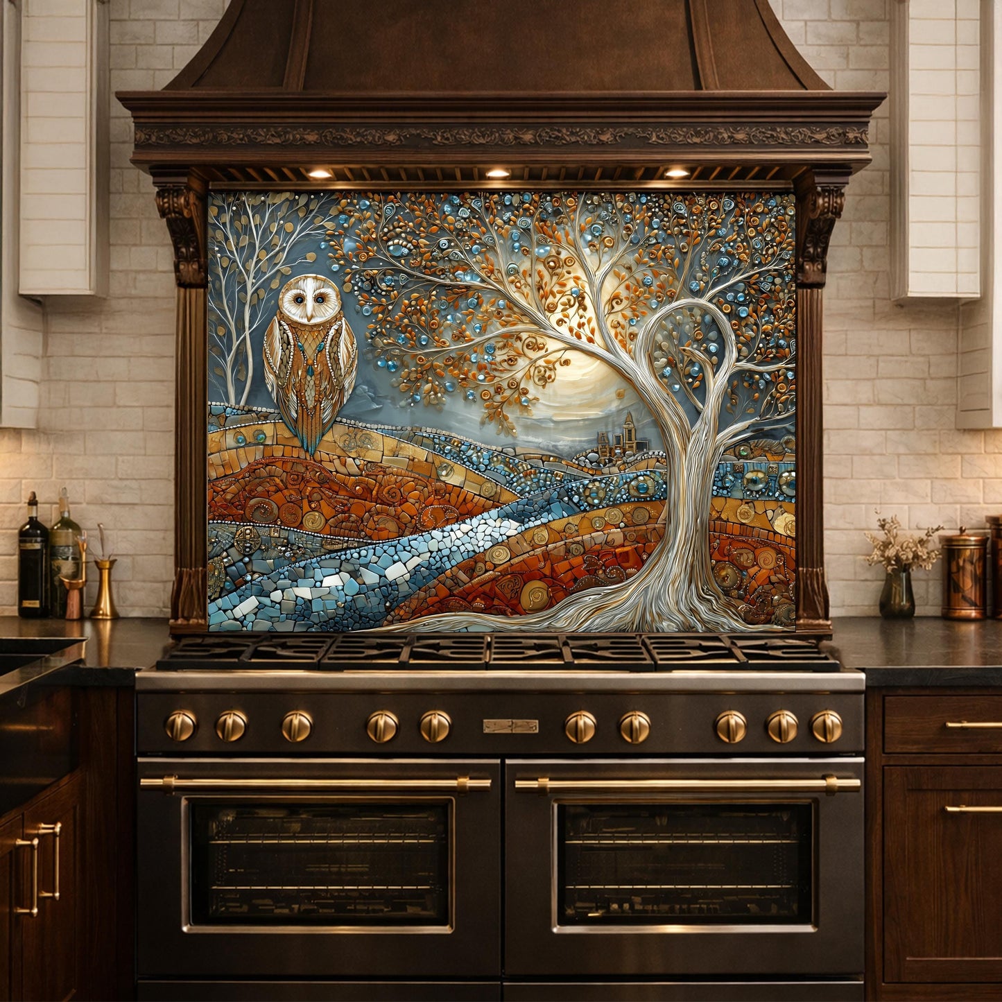 Owl Tree Mosaic Glass Kitchen Backsplash Panel, Stained Glass Landscape Art, Tempered Stove Guard