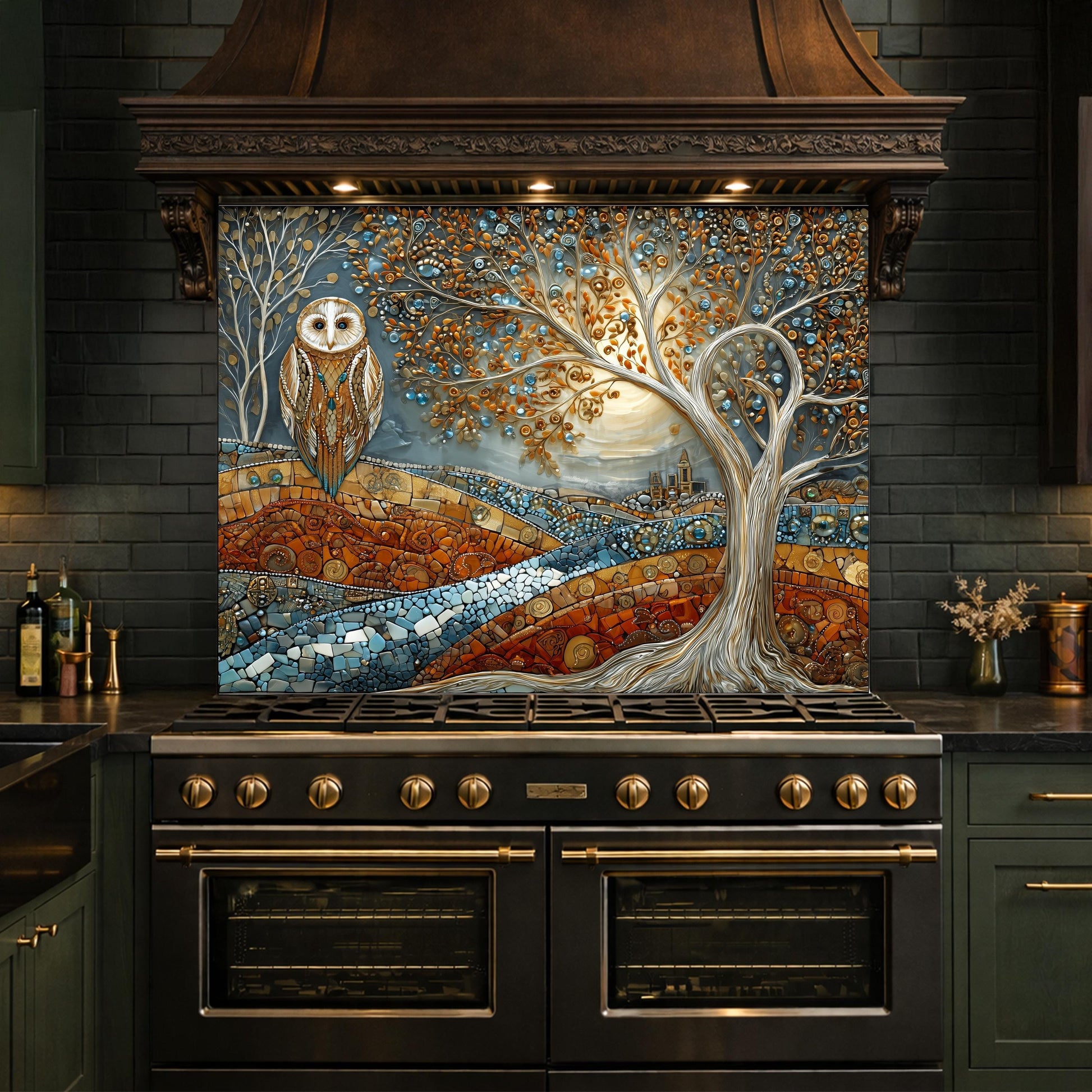 Owl Tree Mosaic Glass Kitchen Backsplash Panel, Stained Glass Landscape Art, Tempered Stove Guard