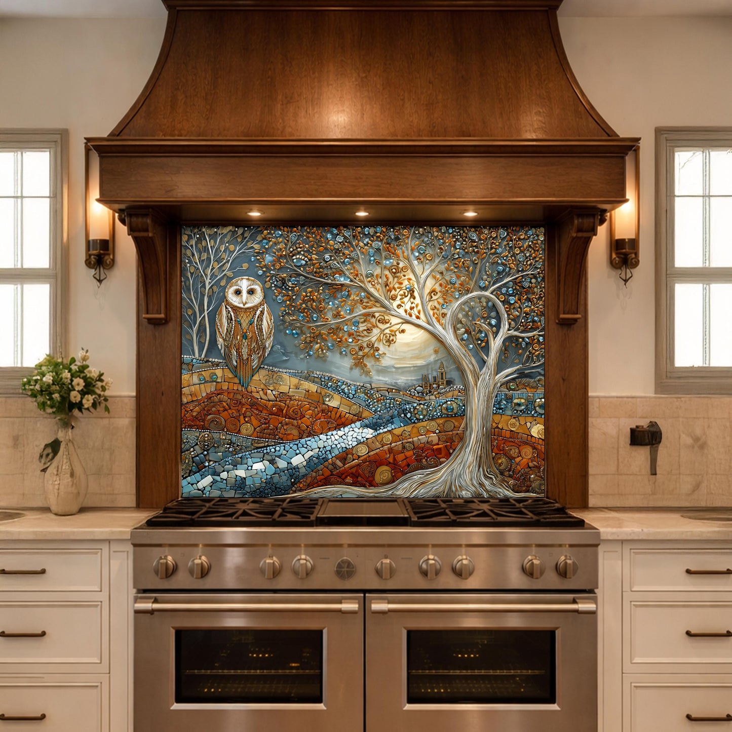 Owl Tree Mosaic Glass Kitchen Backsplash Panel, Stained Glass Landscape Art, Tempered Stove Guard