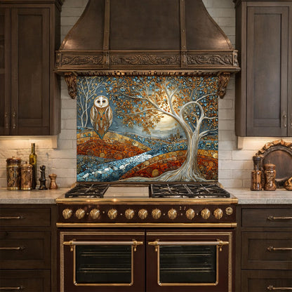 Owl Tree Mosaic Glass Kitchen Backsplash Panel, Stained Glass Landscape Art, Tempered Stove Guard