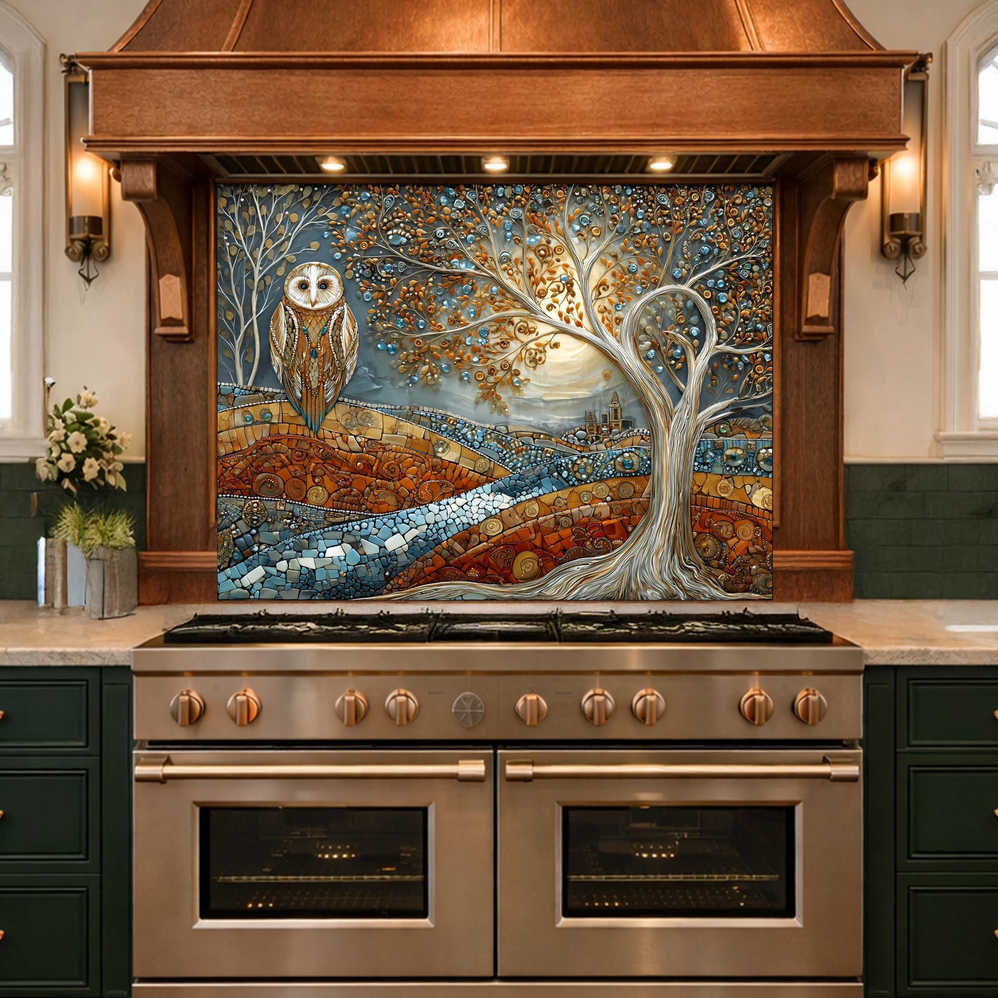 Owl Tree Mosaic Glass Kitchen Backsplash Panel, Stained Glass Landscape Art, Tempered Stove Guard