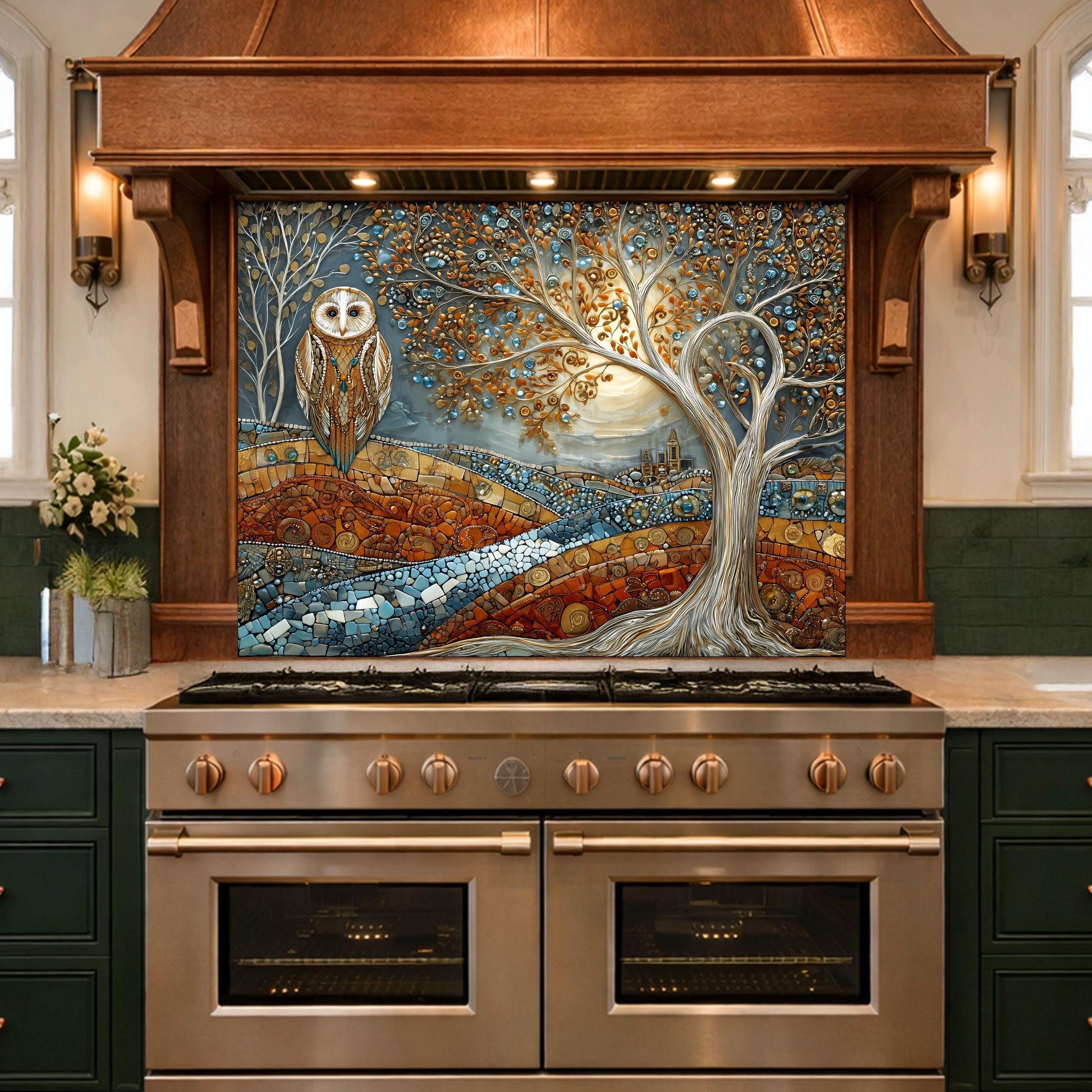 Owl Tree Mosaic Glass Kitchen Backsplash Panel, Stained Glass Landscape Art, Tempered Stove Guard