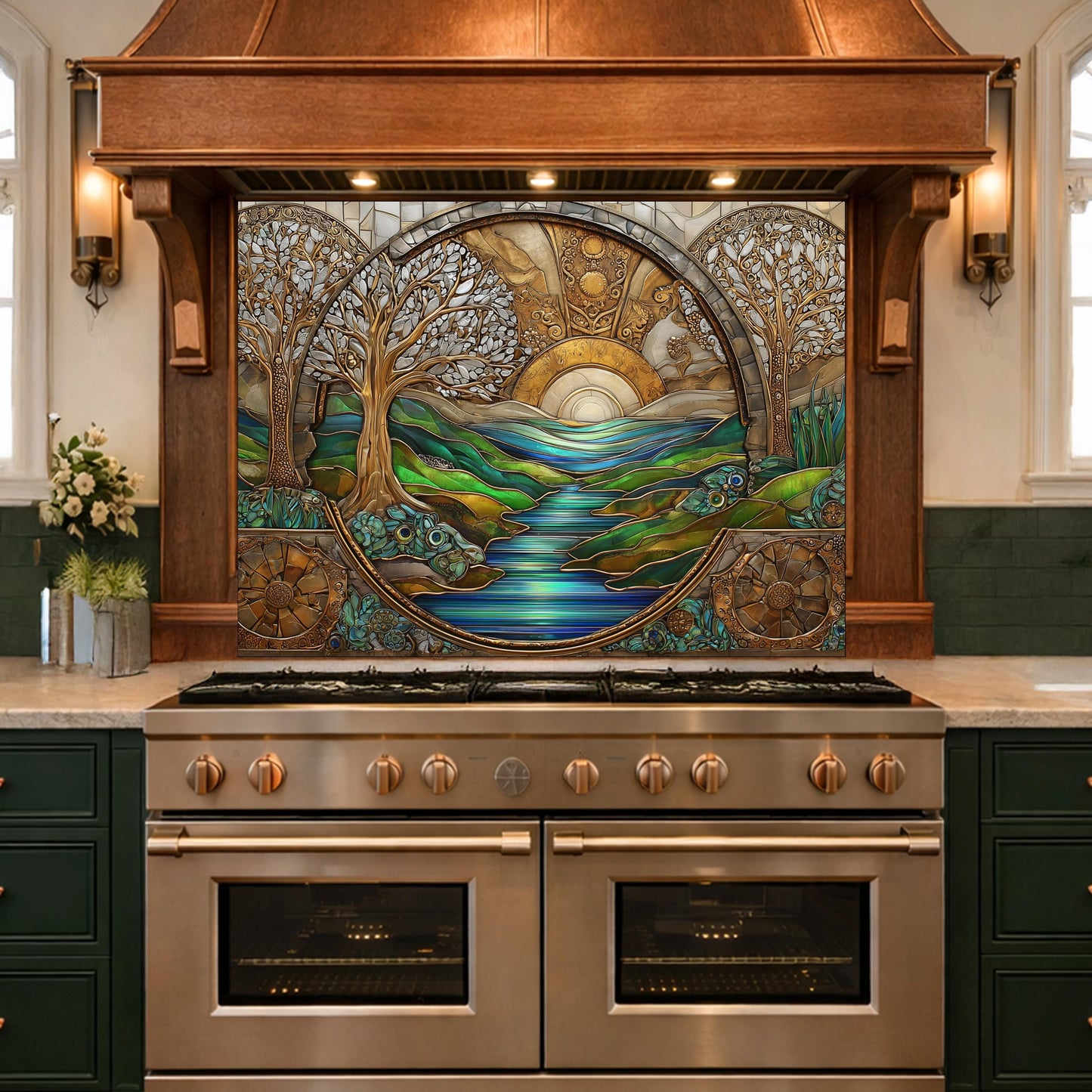 Tempered Glass Sunset River Landscape Kitchen Backsplash Panel, Stained Glass Art Stove Guard