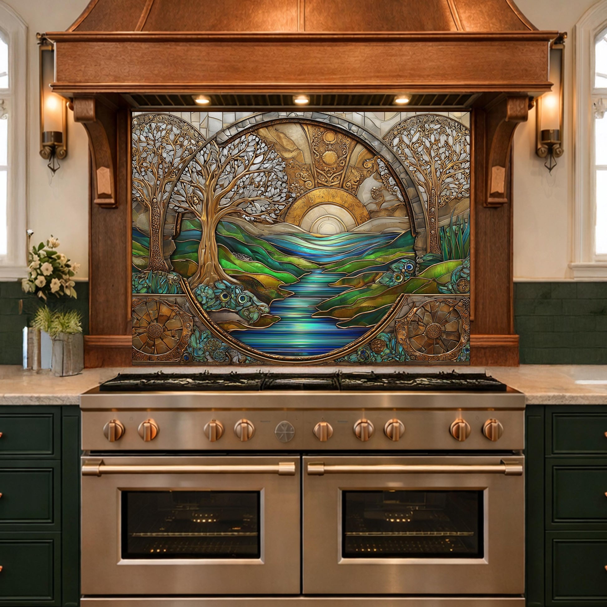 Tempered Glass Sunset River Landscape Kitchen Backsplash Panel, Stained Glass Art Stove Guard
