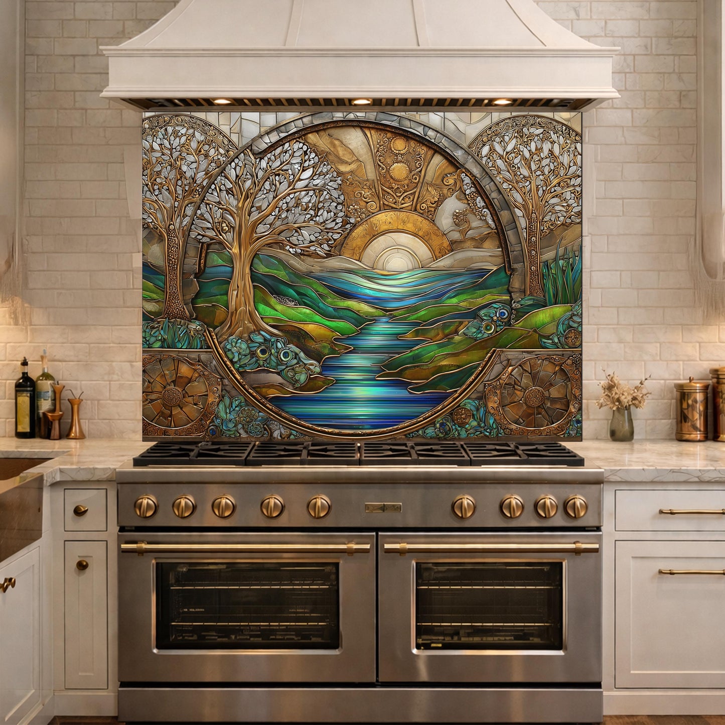Tempered Glass Sunset River Landscape Kitchen Backsplash Panel, Stained Glass Art Stove Guard
