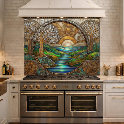 Tempered Glass Sunset River Landscape Kitchen Backsplash Panel, Stained Glass Art Stove Guard