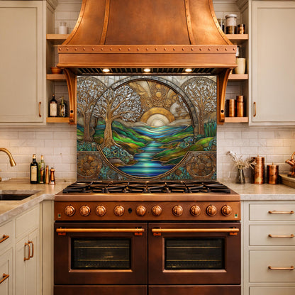 Tempered Glass Sunset River Landscape Kitchen Backsplash Panel, Stained Glass Art Stove Guard