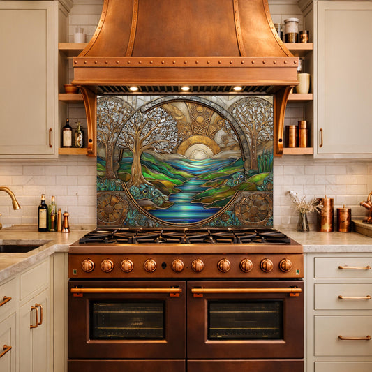 Tempered Glass Sunset River Landscape Kitchen Backsplash Panel, Stained Glass Art Stove Guard
