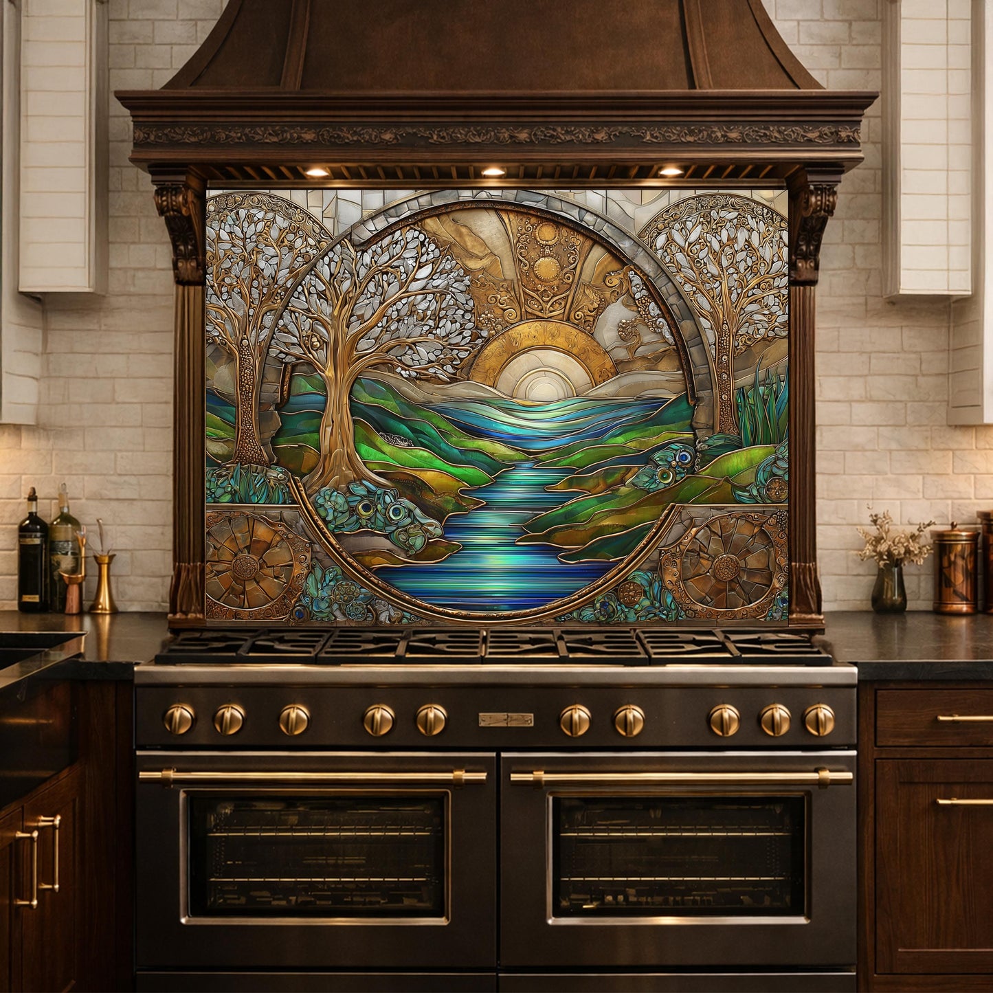 Tempered Glass Sunset River Landscape Kitchen Backsplash Panel, Stained Glass Art Stove Guard