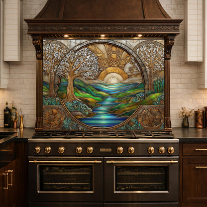 Tempered Glass Sunset River Landscape Kitchen Backsplash Panel, Stained Glass Art Stove Guard