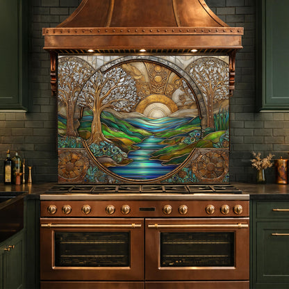 Tempered Glass Sunset River Landscape Kitchen Backsplash Panel, Stained Glass Art Stove Guard
