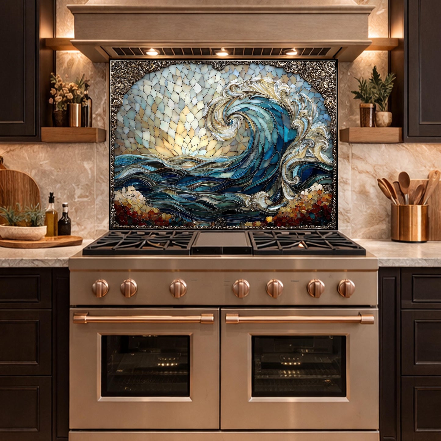 Ocean Wave Tempered Glass Kitchen Backsplash, Coastal Sunset Mosaic Stove Guard Wall Decor