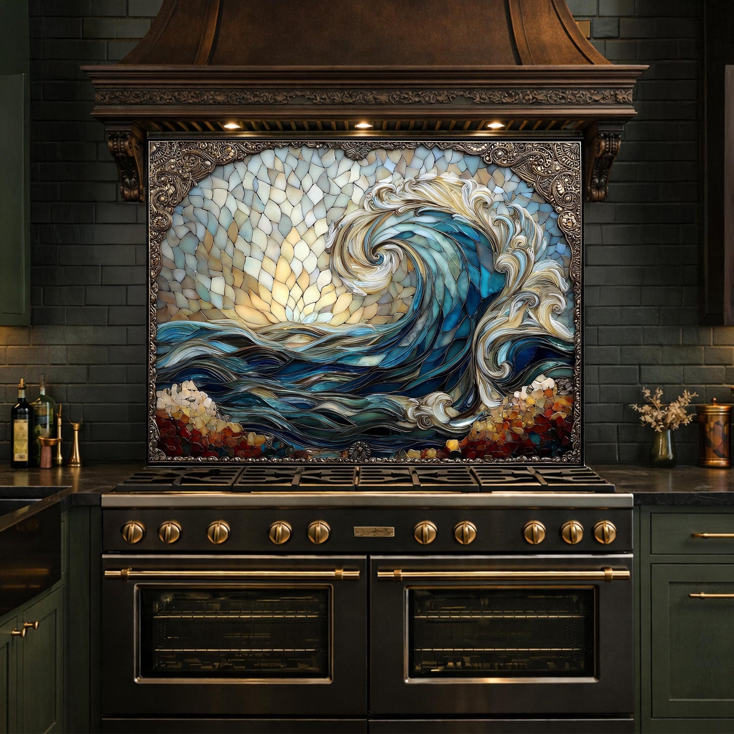 Ocean Wave Tempered Glass Kitchen Backsplash, Coastal Sunset Mosaic Stove Guard Wall Decor