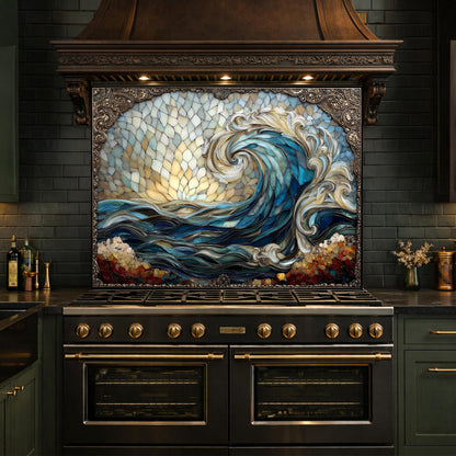 Ocean Wave Tempered Glass Kitchen Backsplash, Coastal Sunset Mosaic Stove Guard Wall Decor