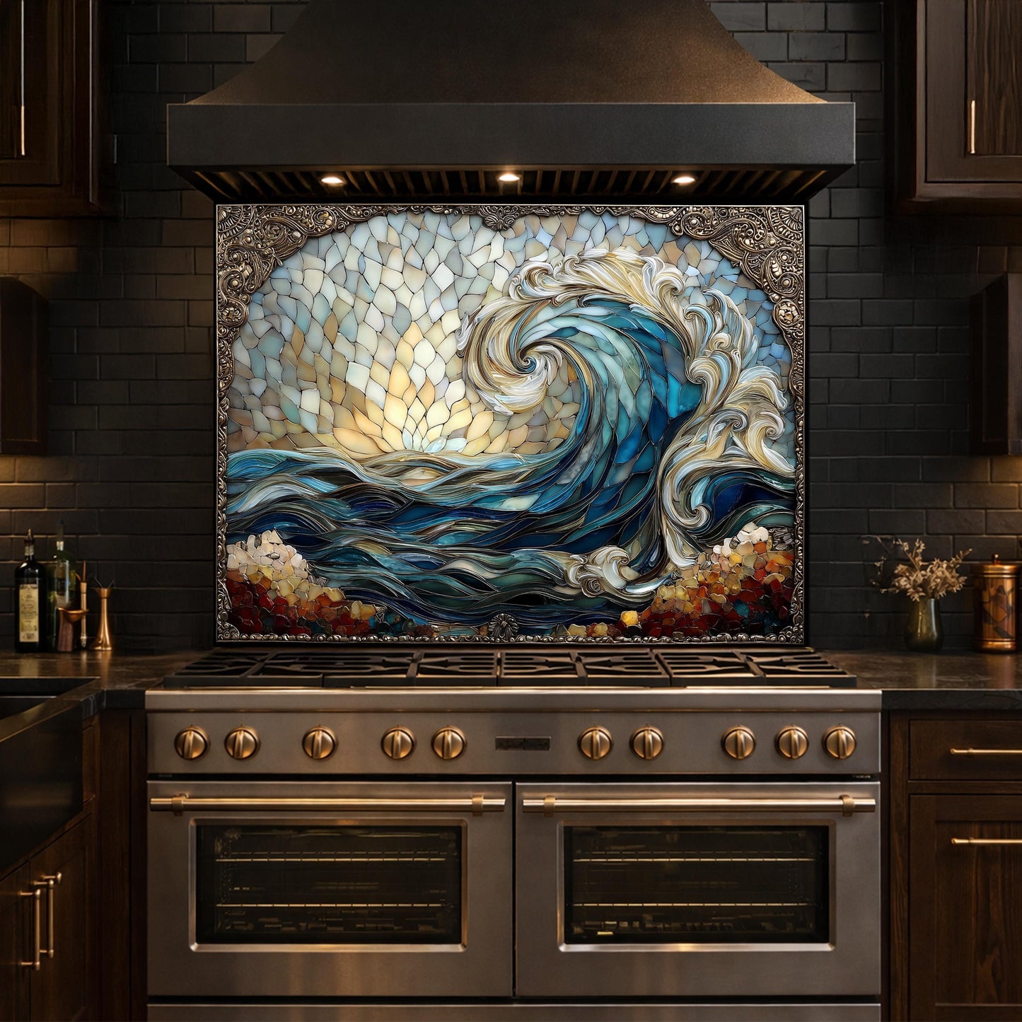 Ocean Wave Tempered Glass Kitchen Backsplash, Coastal Sunset Mosaic Stove Guard Wall Decor