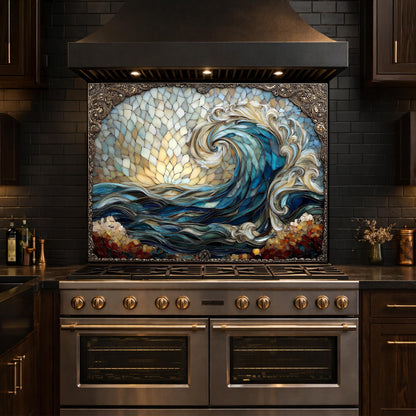 Ocean Wave Tempered Glass Kitchen Backsplash, Coastal Sunset Mosaic Stove Guard Wall Decor