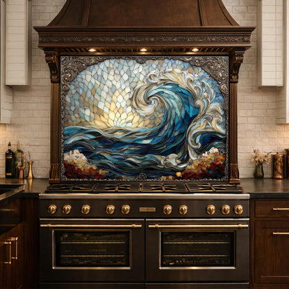 Ocean Wave Tempered Glass Kitchen Backsplash, Coastal Sunset Mosaic Stove Guard Wall Decor