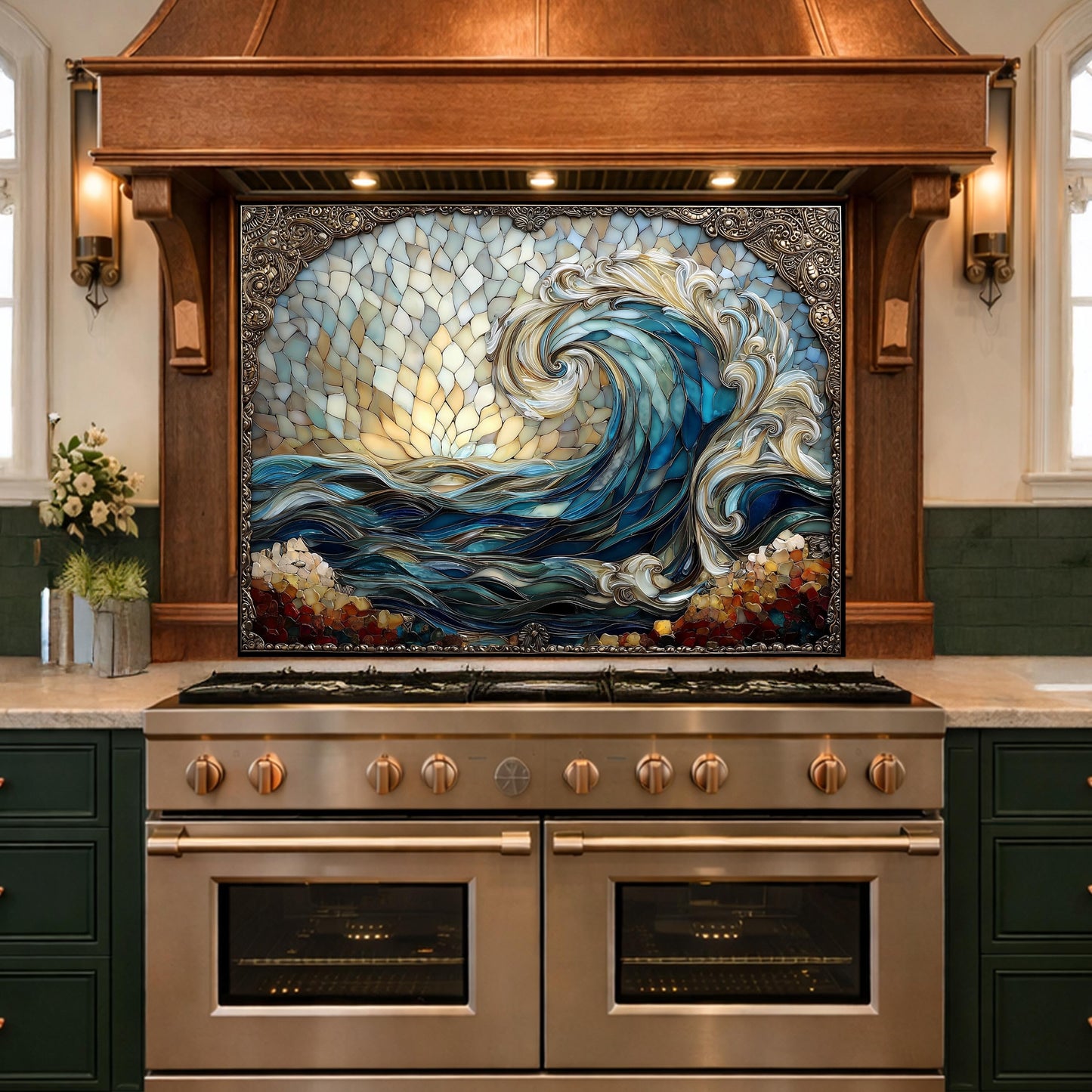 Ocean Wave Tempered Glass Kitchen Backsplash, Coastal Sunset Mosaic Stove Guard Wall Decor