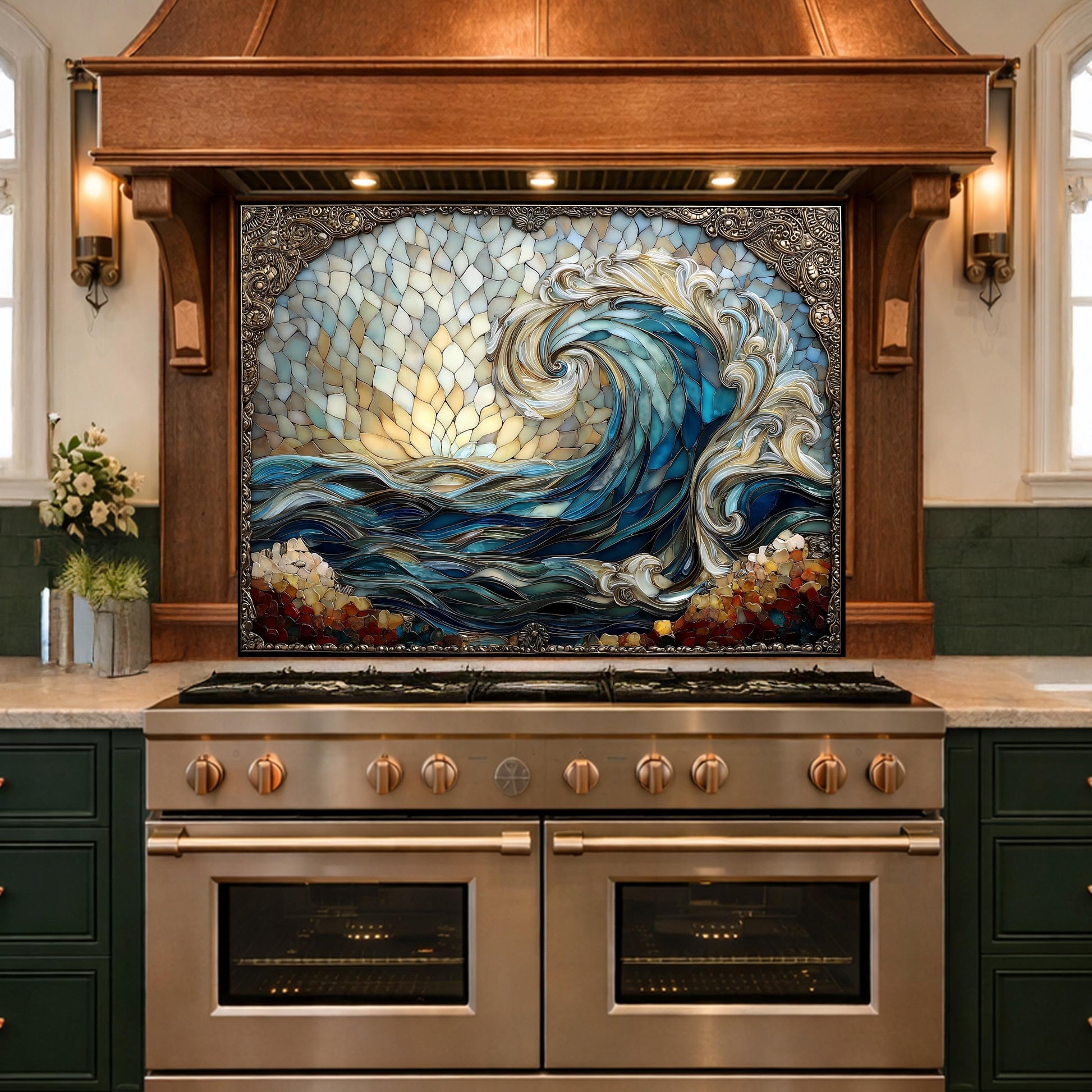 Ocean Wave Tempered Glass Kitchen Backsplash, Coastal Sunset Mosaic Stove Guard Wall Decor