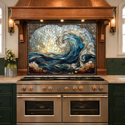 Ocean Wave Tempered Glass Kitchen Backsplash, Coastal Sunset Mosaic Stove Guard Wall Decor