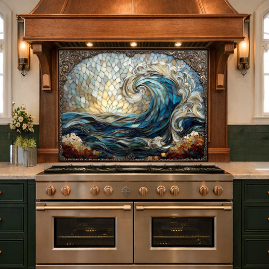 Ocean Wave Tempered Glass Kitchen Backsplash, Coastal Sunset Mosaic Stove Guard Wall Decor