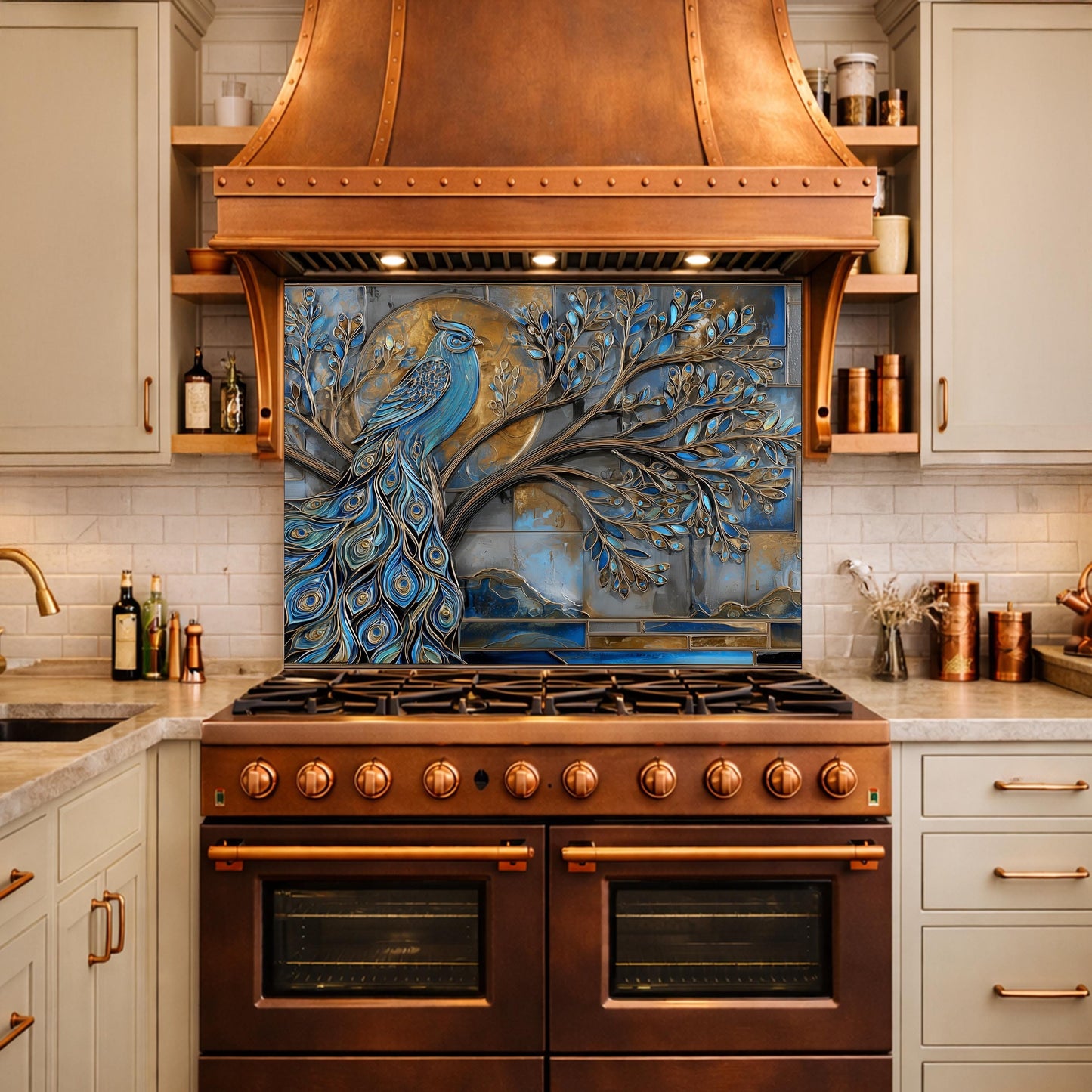 Tempered Glass Peacock Kitchen Backsplash Panel, Blue Gold Mosaic Art Stove Guard