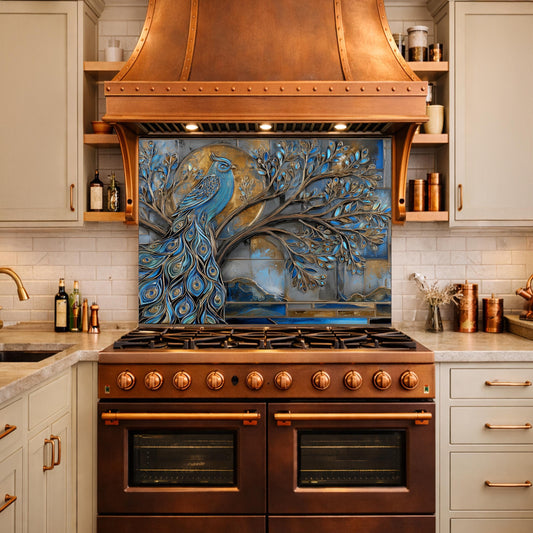 Tempered Glass Peacock Kitchen Backsplash Panel, Blue Gold Mosaic Art Stove Guard
