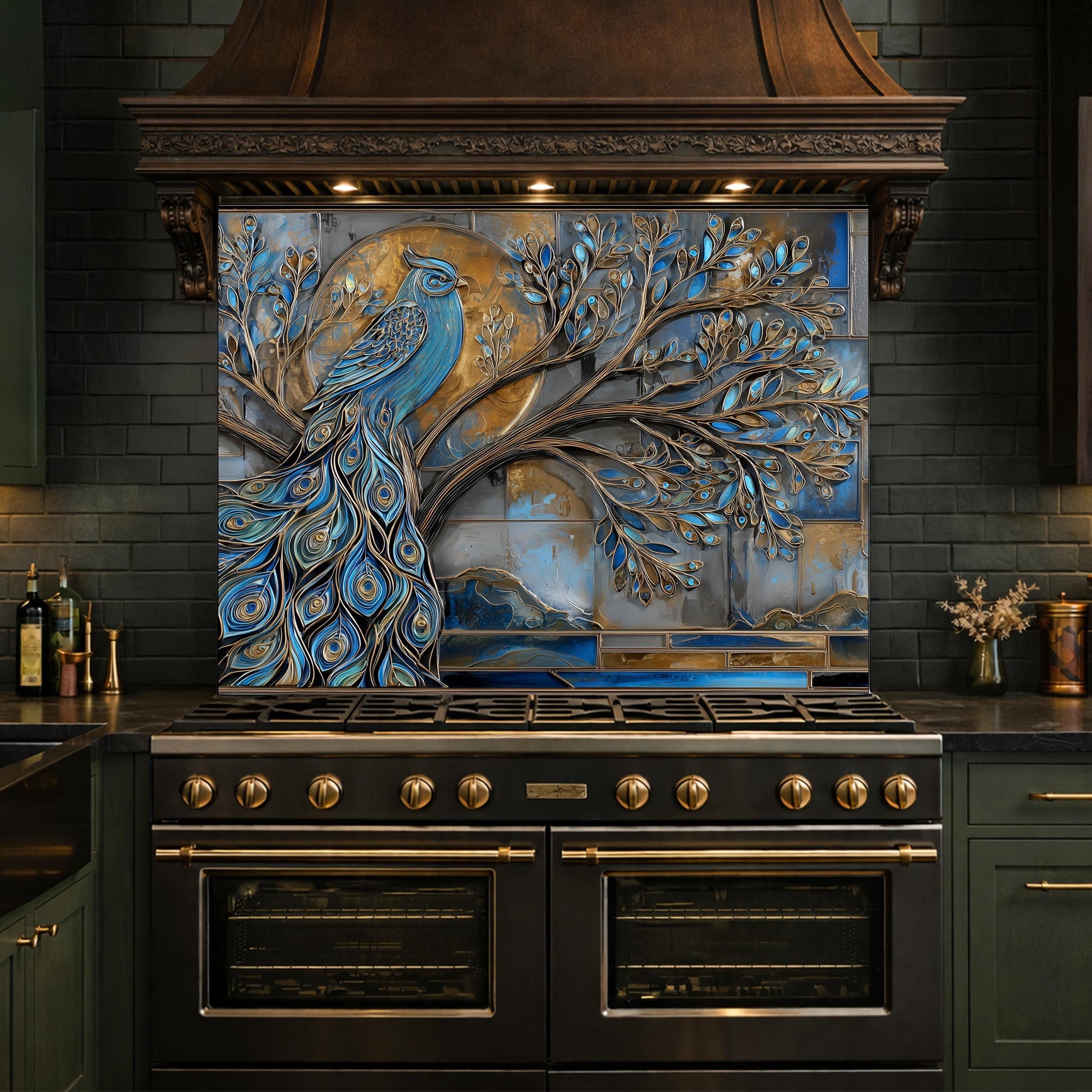 Tempered Glass Peacock Kitchen Backsplash Panel, Blue Gold Mosaic Art Stove Guard